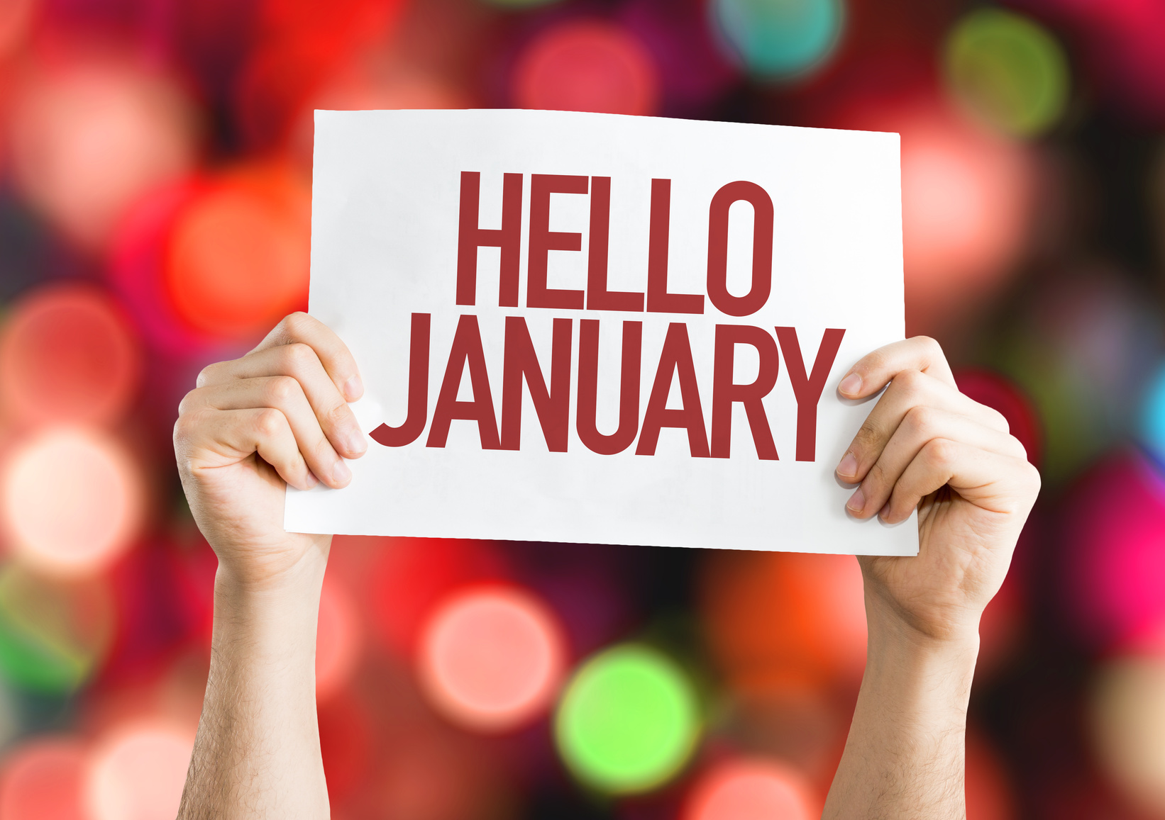 Hello January placard with bokeh background